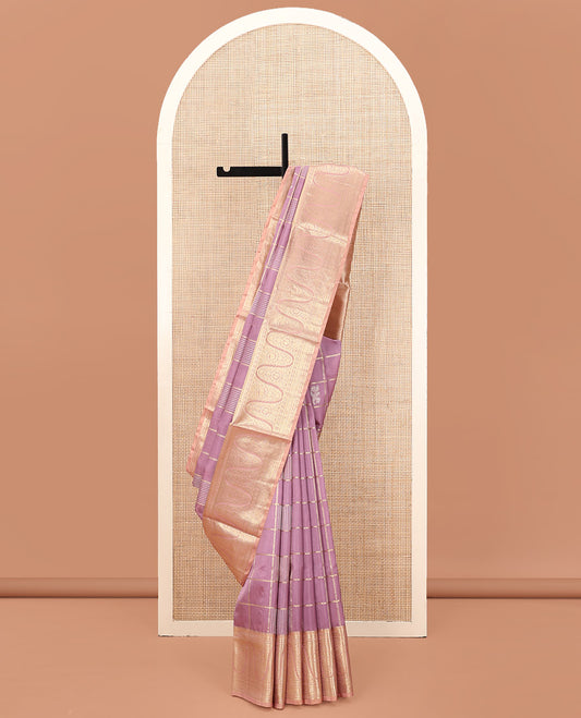 Lavender Venkatagiri Silk Saree, Boldly Accentuated with Zari Buttas Enclosed Checks All Over Its Body, Complemented by a Contrast Traditional Zari Design Border, Grand Pallu of Jaal Designs, and Paired with a Contrast Blouse