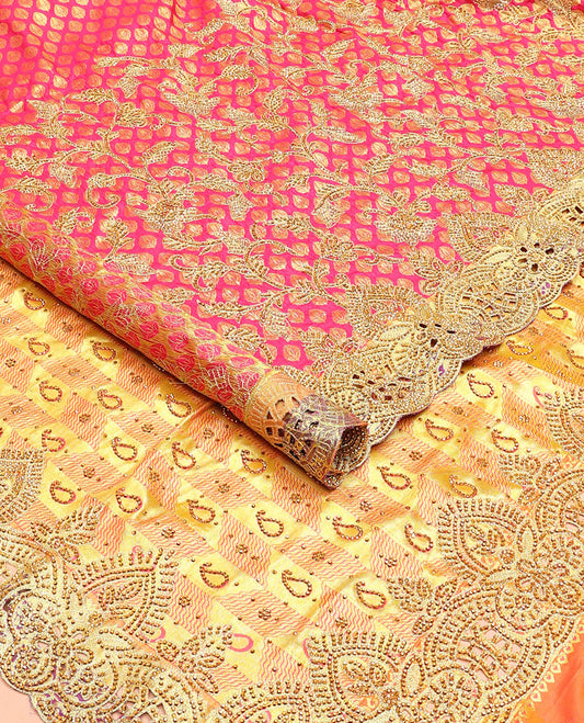 Pink jacquard floral vine embroidered silk saree, contrast cut work embroidered scallop zari border & paisley design embroidered pallu