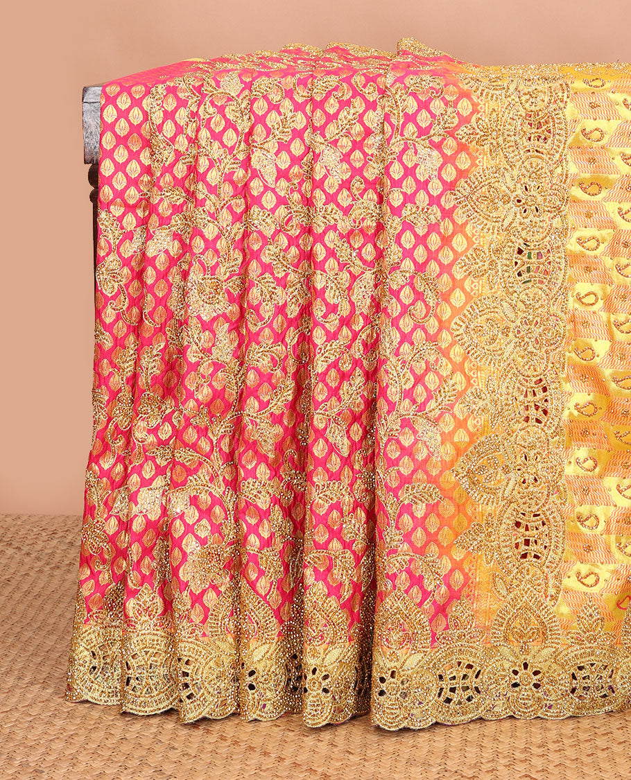 Pink jacquard floral vine embroidered silk saree, contrast cut work embroidered scallop zari border & paisley design embroidered pallu