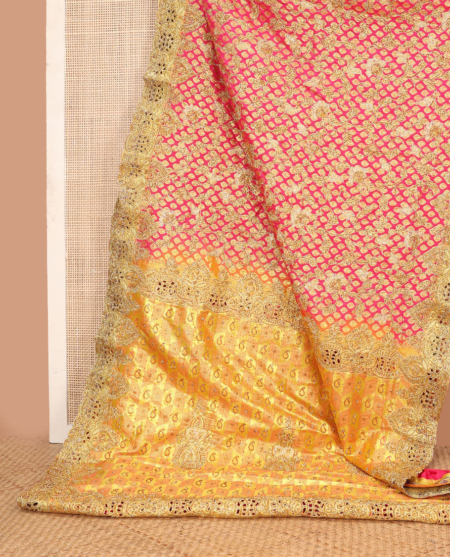 Pink jacquard floral vine embroidered silk saree, contrast cut work embroidered scallop zari border & paisley design embroidered pallu
