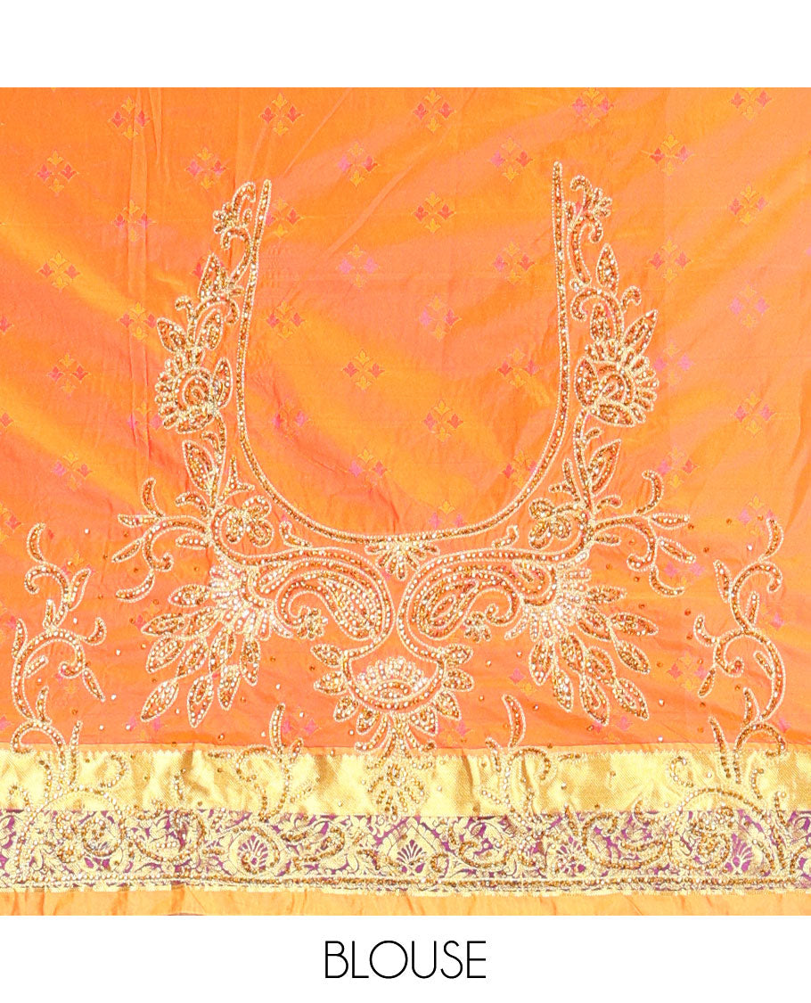 Pink jacquard floral vine embroidered silk saree, contrast cut work embroidered scallop zari border & paisley design embroidered pallu