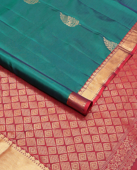 Green buttas vasundhara elite silk saree with contrast temple border & geometric design pallu