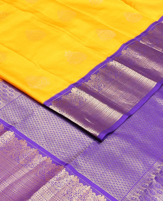 Yellow zari buttas vasundhara silk mix saree, contrast traditional zari border & geometric design pallu