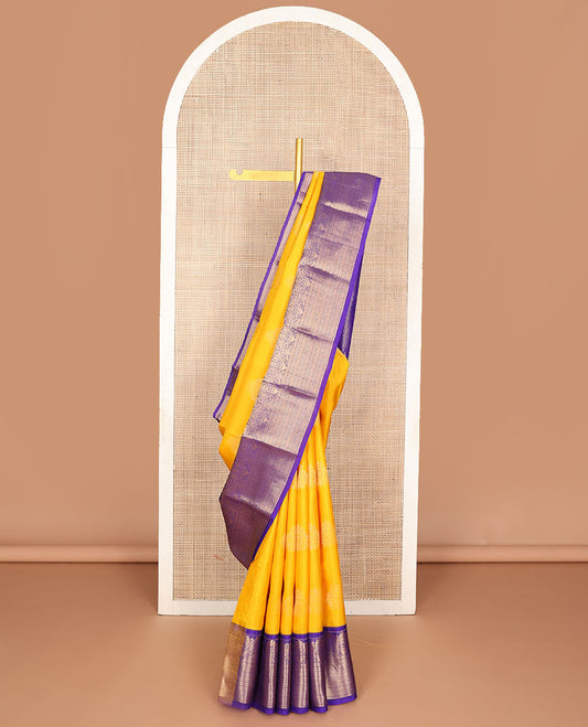 Yellow zari buttas vasundhara silk mix saree, contrast traditional zari border & geometric design pallu
