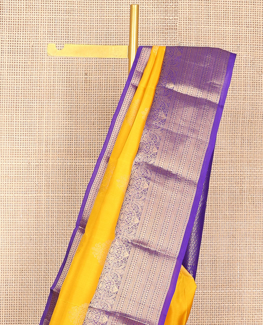 Yellow zari buttas vasundhara silk mix saree, contrast traditional zari border & geometric design pallu