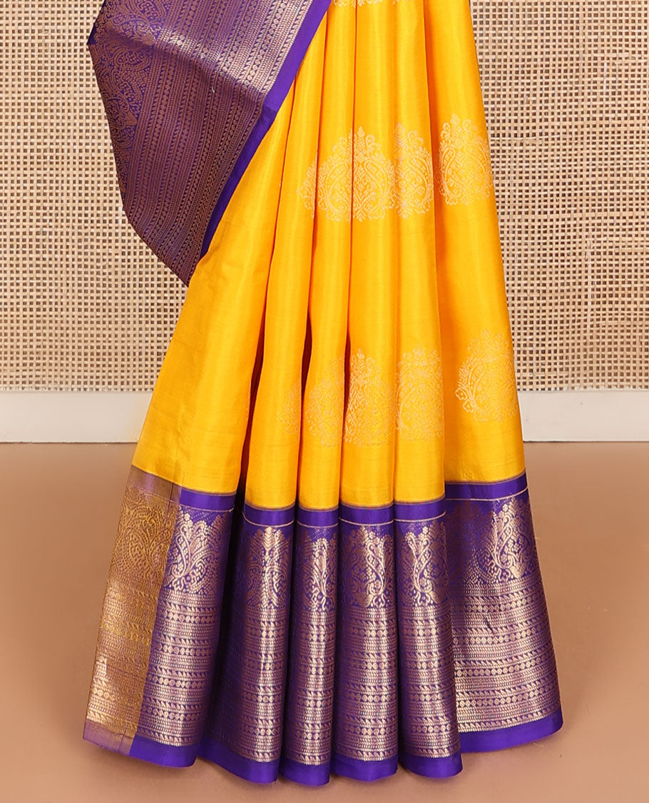 Yellow zari buttas vasundhara silk mix saree, contrast traditional zari border & geometric design pallu