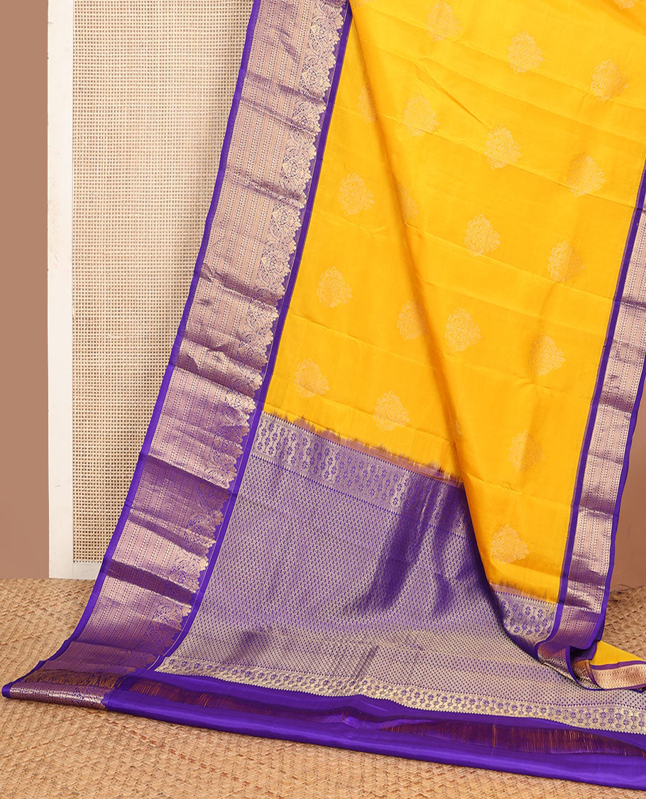 Yellow zari buttas vasundhara silk mix saree, contrast traditional zari border & geometric design pallu