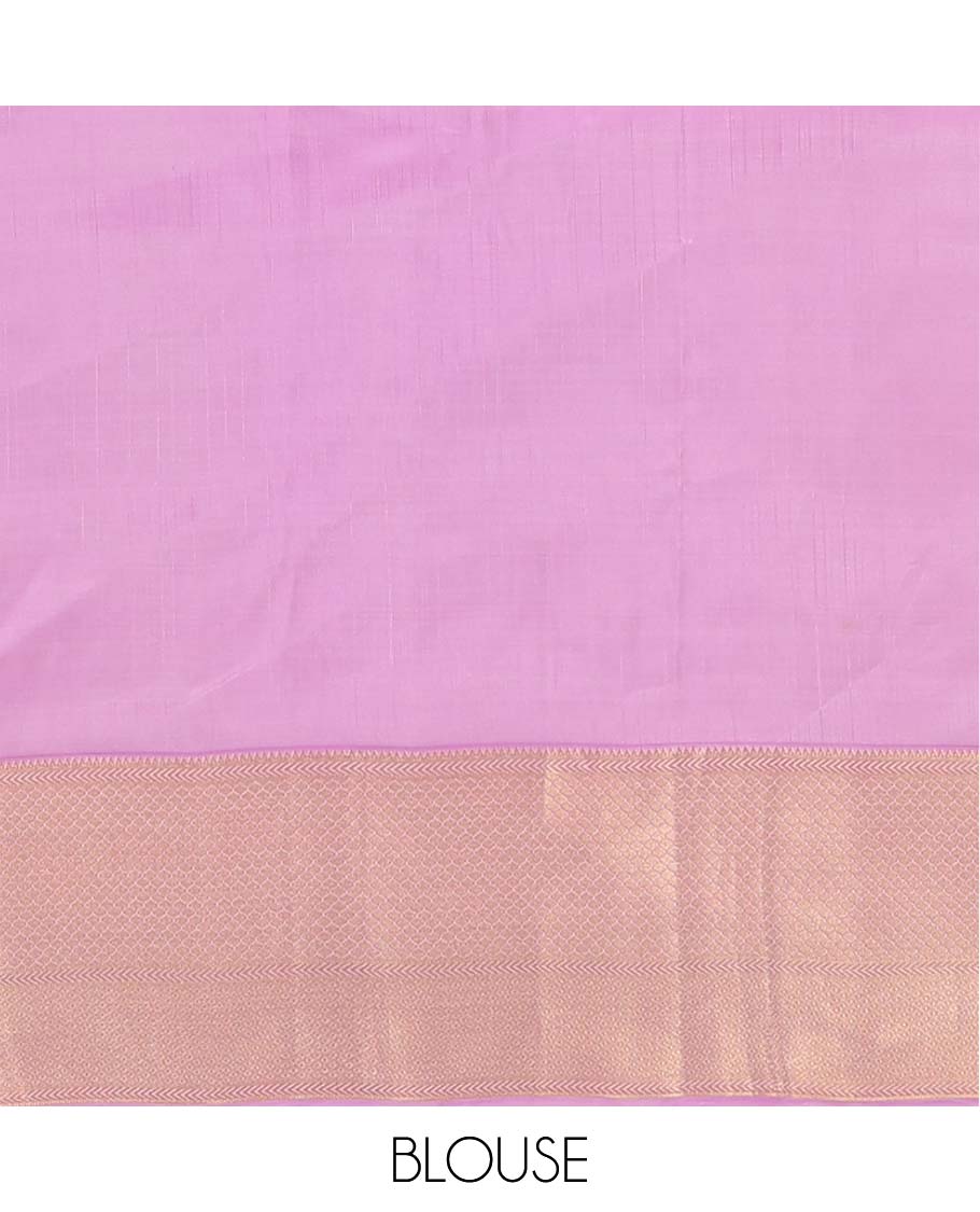 Pink zari buttas Vasundhara silk mix saree, contrast zari border of rekku, kathir, then kuli kann, and mayil kann, and jaal pallu