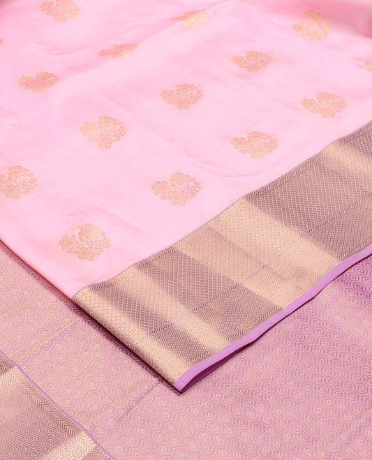 Pink zari buttas Vasundhara silk mix saree, contrast zari border of rekku, kathir, then kuli kann, and mayil kann, and jaal pallu