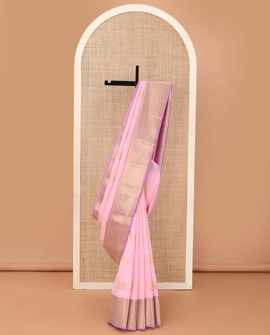 Pink zari buttas Vasundhara silk mix saree, contrast zari border of rekku, kathir, then kuli kann, and mayil kann, and jaal pallu