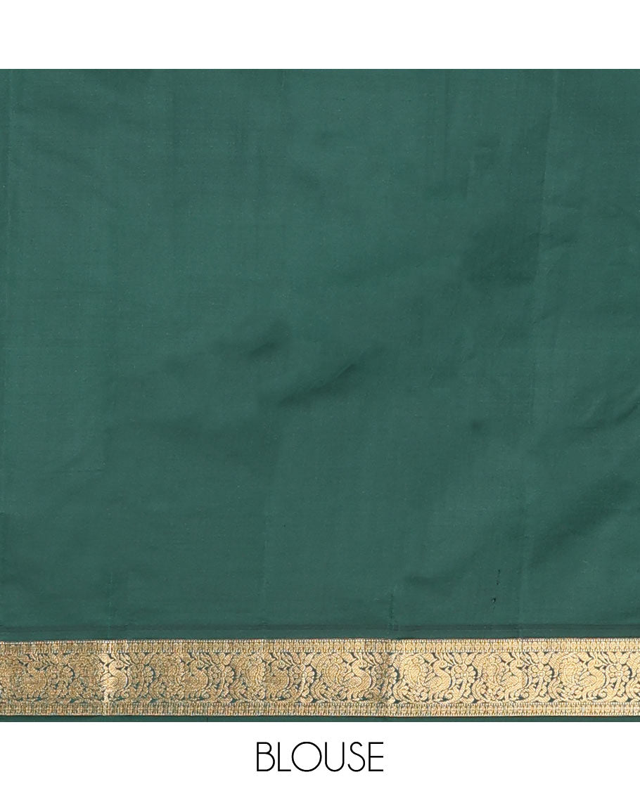 Green Vasundhara Lite-Silk Mix Saree Subtly Sparked with Zari Buttas, Complemented by a Contrast Border of Muthu, Rudraksham, and Mayil Designs, Pallu Elevated with Intricate Designs, and Paired with a Contrast Blouse