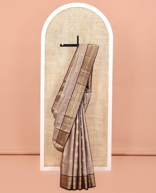 Brown Vasundhara Lite Silk Mix Saree, Enriched with Zari Buttas and Checks All Over Its Body, Complemented by a Contrast Border of Thilakam, Kodi Visiry, Kamalam, Mayil, and Yaanai Designs, Intricately Designed Pallu, and Paired with a Contrast Blouse