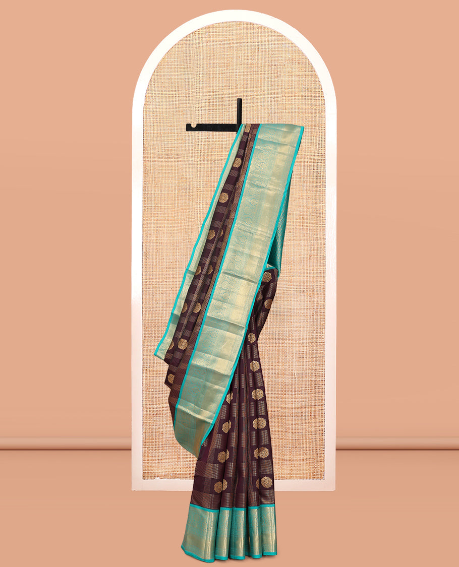 Brown Vasundhara Lite Silk Mix Saree, Decorated with Zari Buttas and Checks, a Contrast Traditional Zari Border, Grand Jaal Pallu, and a Contrast Blouse