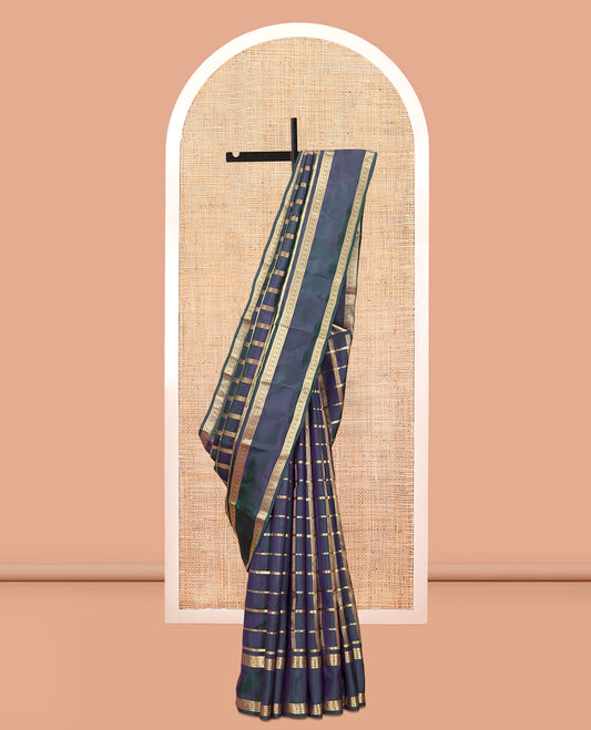 Blue Zari Checked Vasundhara Lite Silkmix Saree, a Rettai Pettu Border, Jaal Pallu, Matching Blouse