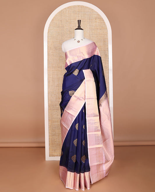 Blue floral buttas silk saree with contrast intricate zari design border & floral jaal pallu