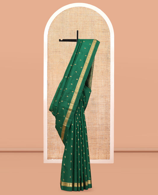 Green Vasundhara Silk Saree, Woven with Zari Buttas, a Kal Eragina Border of Rekku, Neli, Manga, and Mayil Design, Grand Pallu, and a Matching Blouse
