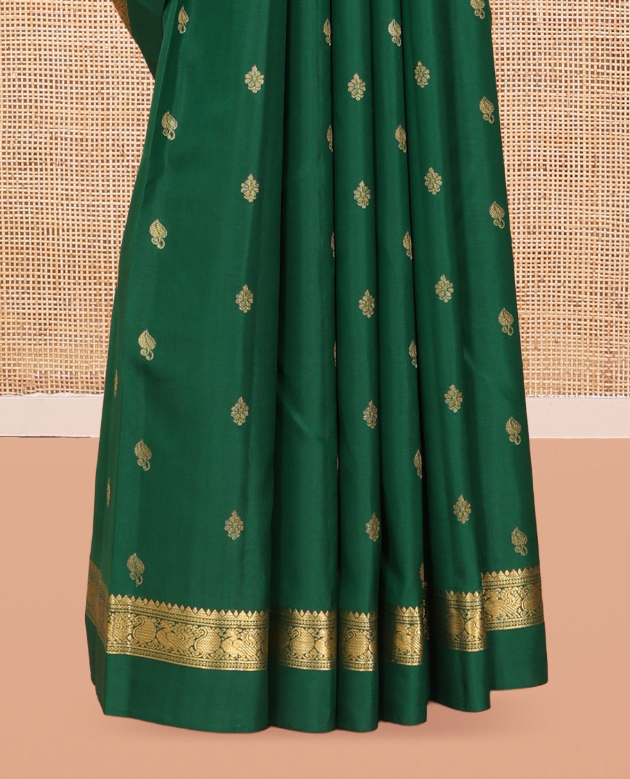 Green Vasundhara Silk Saree, Woven with Zari Buttas, a Kal Eragina Border of Rekku, Neli, Manga, and Mayil Design, Grand Pallu, and a Matching Blouse
