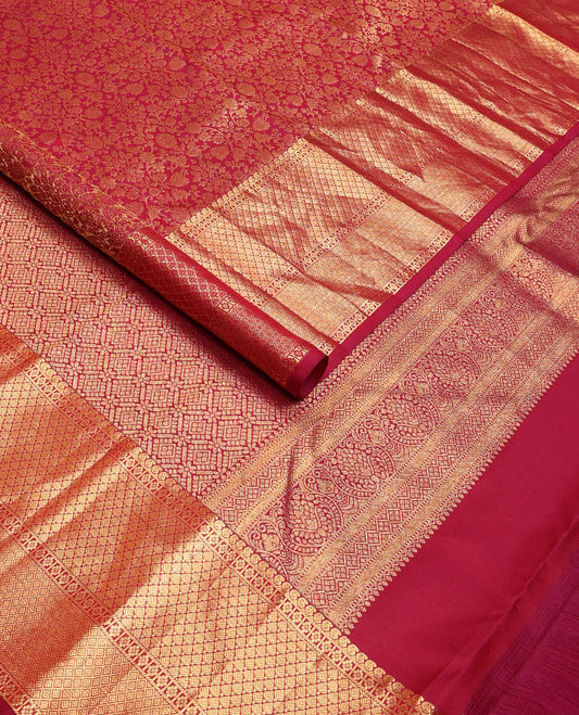Red floral jaal jacquard wedding silk saree, intricate jaal pallu & zari border of manga,kamalam,mayil kann & jaal