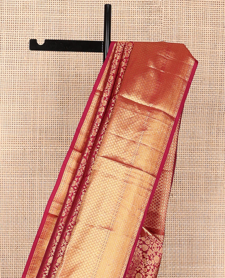 Red floral jaal jacquard wedding silk saree, intricate jaal pallu & zari border of manga,kamalam,mayil kann & jaal