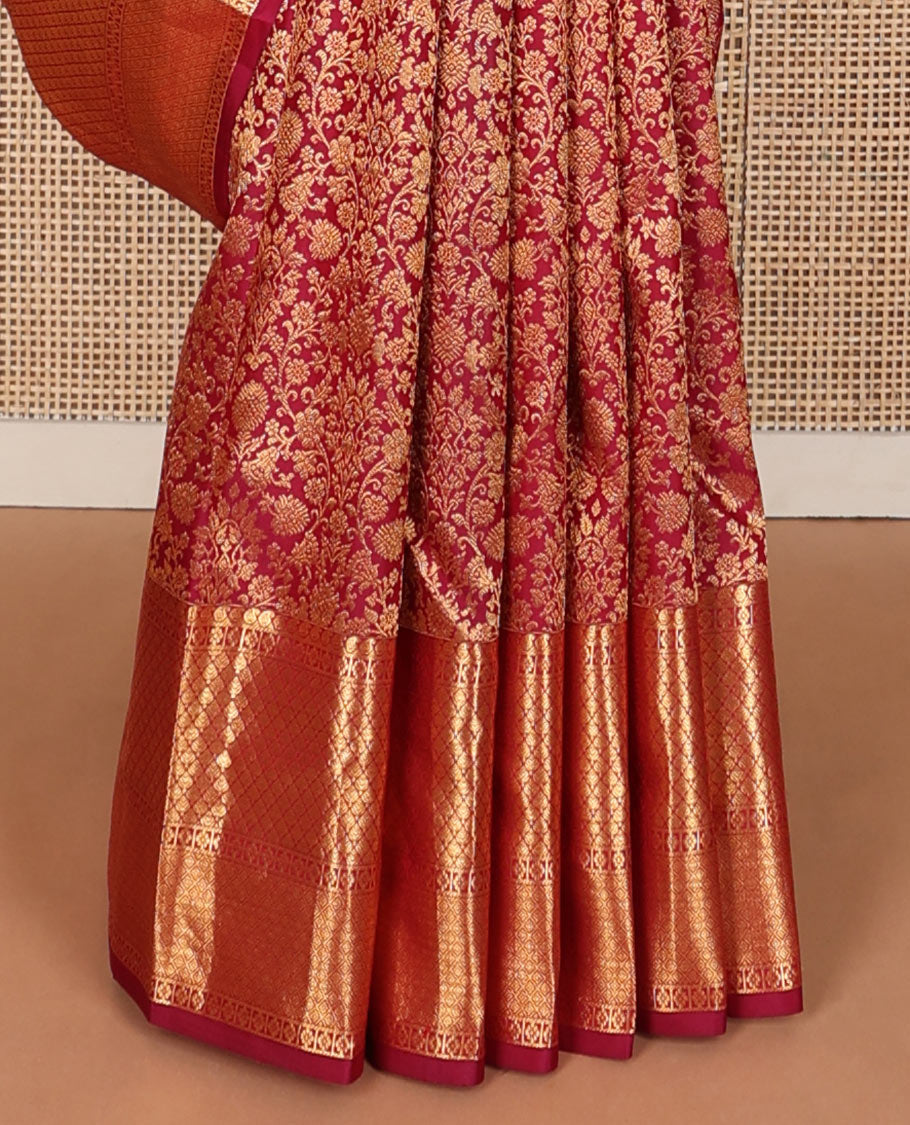 Red floral jaal jacquard wedding silk saree, intricate jaal pallu & zari border of manga,kamalam,mayil kann & jaal
