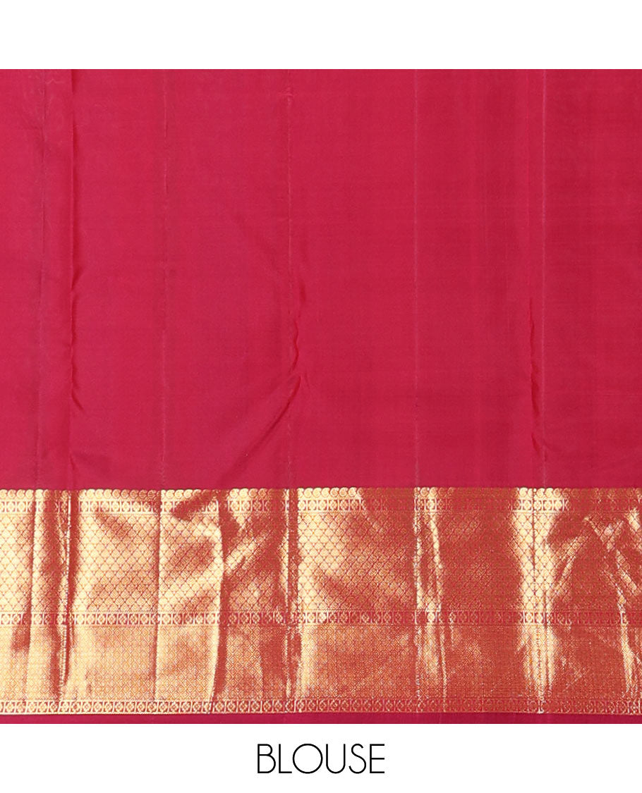 Red floral jaal jacquard wedding silk saree, intricate jaal pallu & zari border of manga,kamalam,mayil kann & jaal