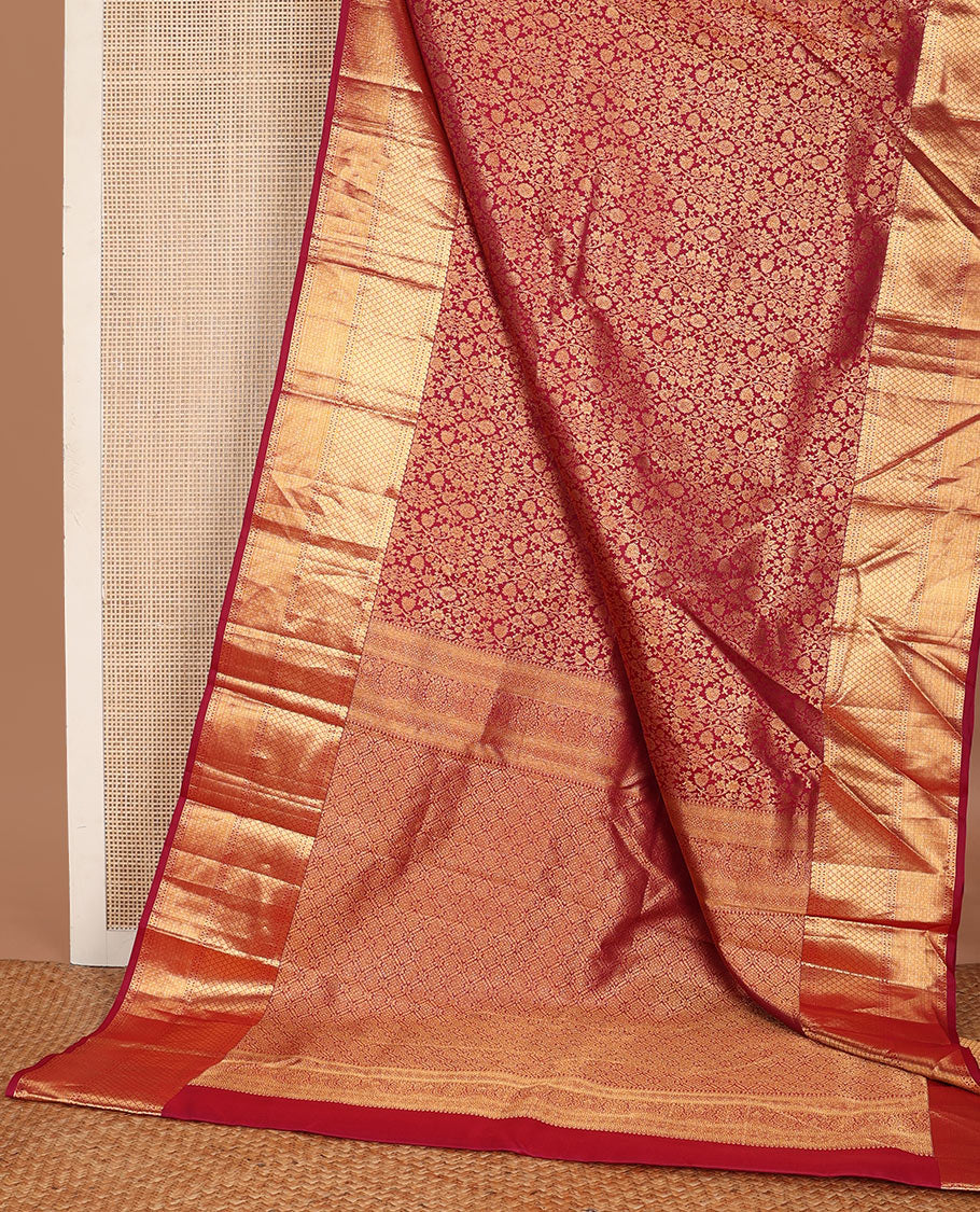 Red floral jaal jacquard wedding silk saree, intricate jaal pallu & zari border of manga,kamalam,mayil kann & jaal