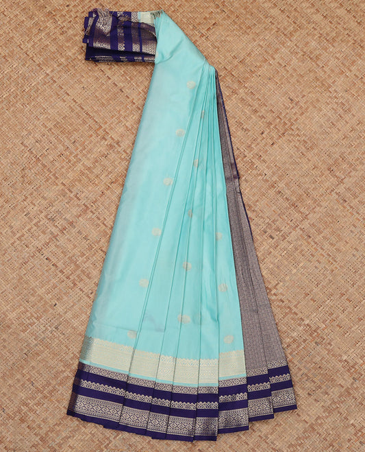 Blue Budget Silk Saree, Ornamented with Zari Buttas, Complemented by Contrast Traditional Zari Border, a Jaal Pallu and a Contrast Blouse