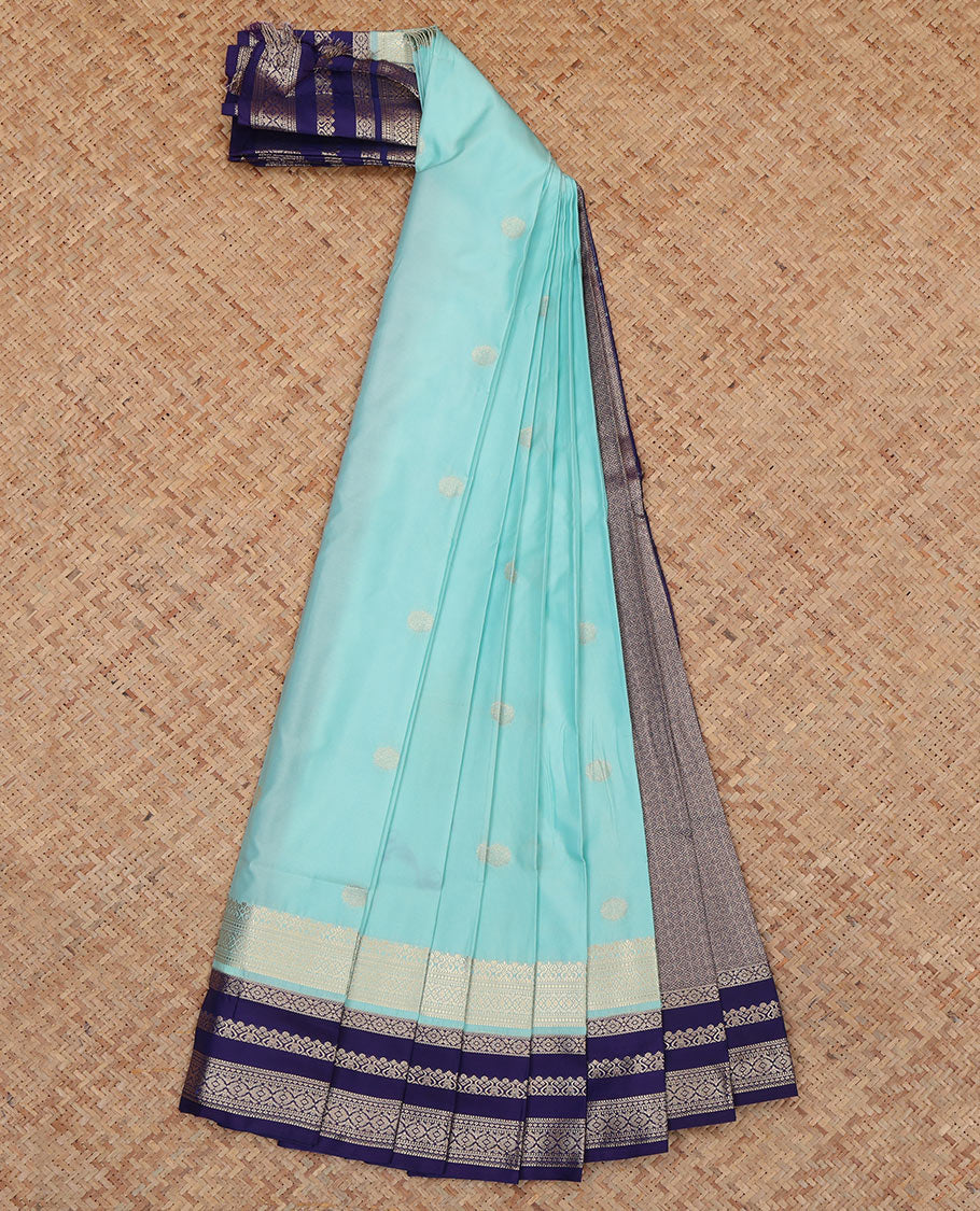 Blue Budget Silk Saree, Ornamented with Zari Buttas, Complemented by Contrast Traditional Zari Border, a Jaal Pallu and a Contrast Blouse