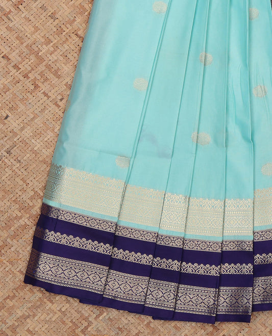 Blue Budget Silk Saree, Ornamented with Zari Buttas, Complemented by Contrast Traditional Zari Border, a Jaal Pallu and a Contrast Blouse