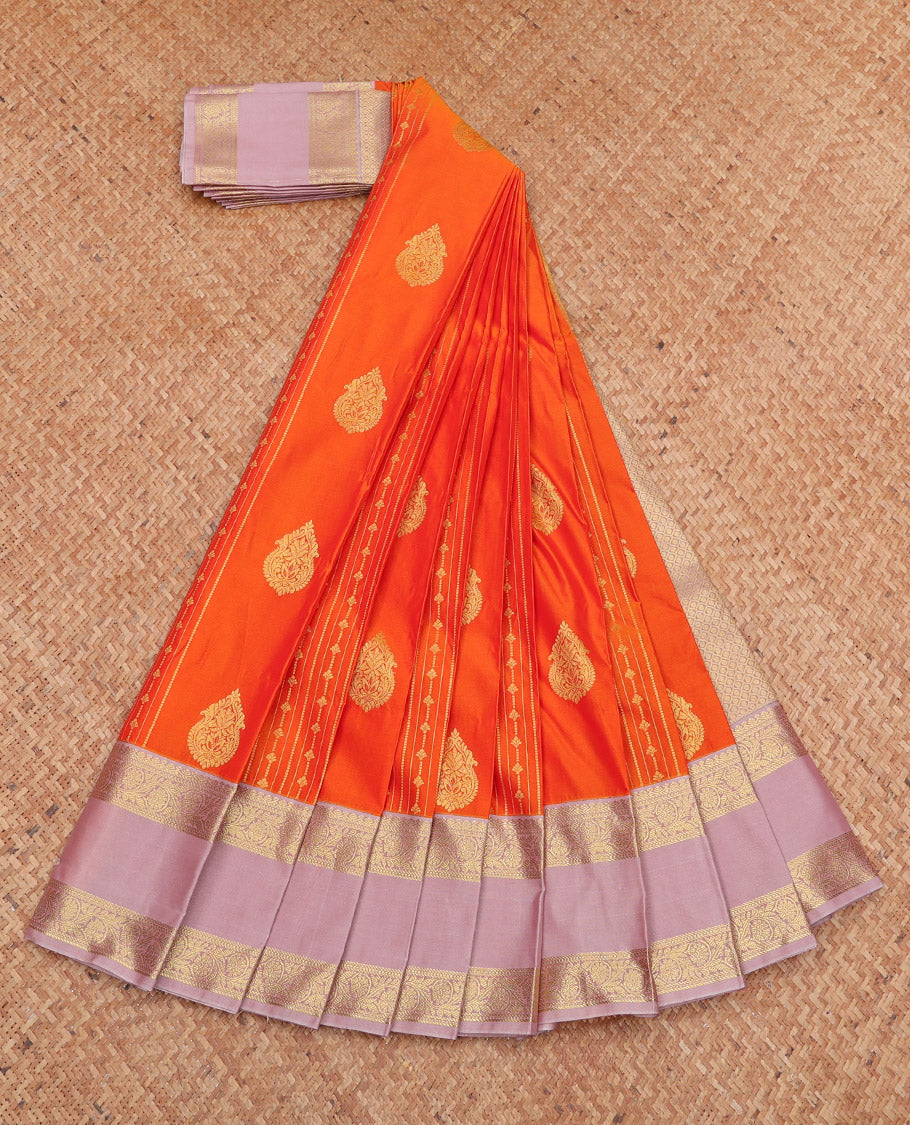 Orange Budget Silk Saree, Accentuated with Zari Designs, Complemented by a Contrast Traditional Zari Rettai Pettu Border, Grand Pallu, and a Contrast Blouse
