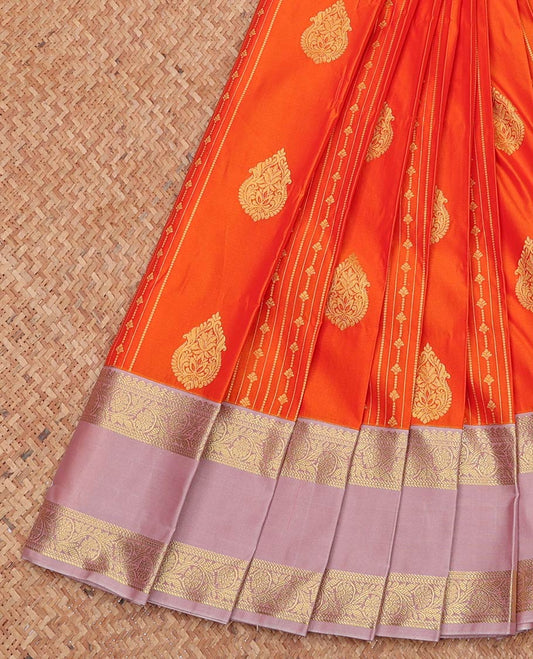 Orange Budget Silk Saree, Accentuated with Zari Designs, Complemented by a Contrast Traditional Zari Rettai Pettu Border, Grand Pallu, and a Contrast Blouse