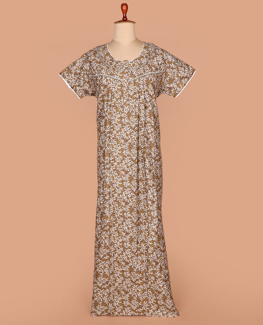 Brown paisley print with lace work round neck half-sleeve cotton nighty
