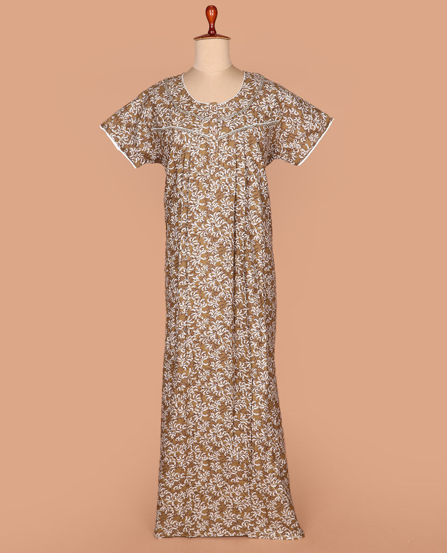 Brown paisley print with lace work round neck half-sleeve cotton nighty