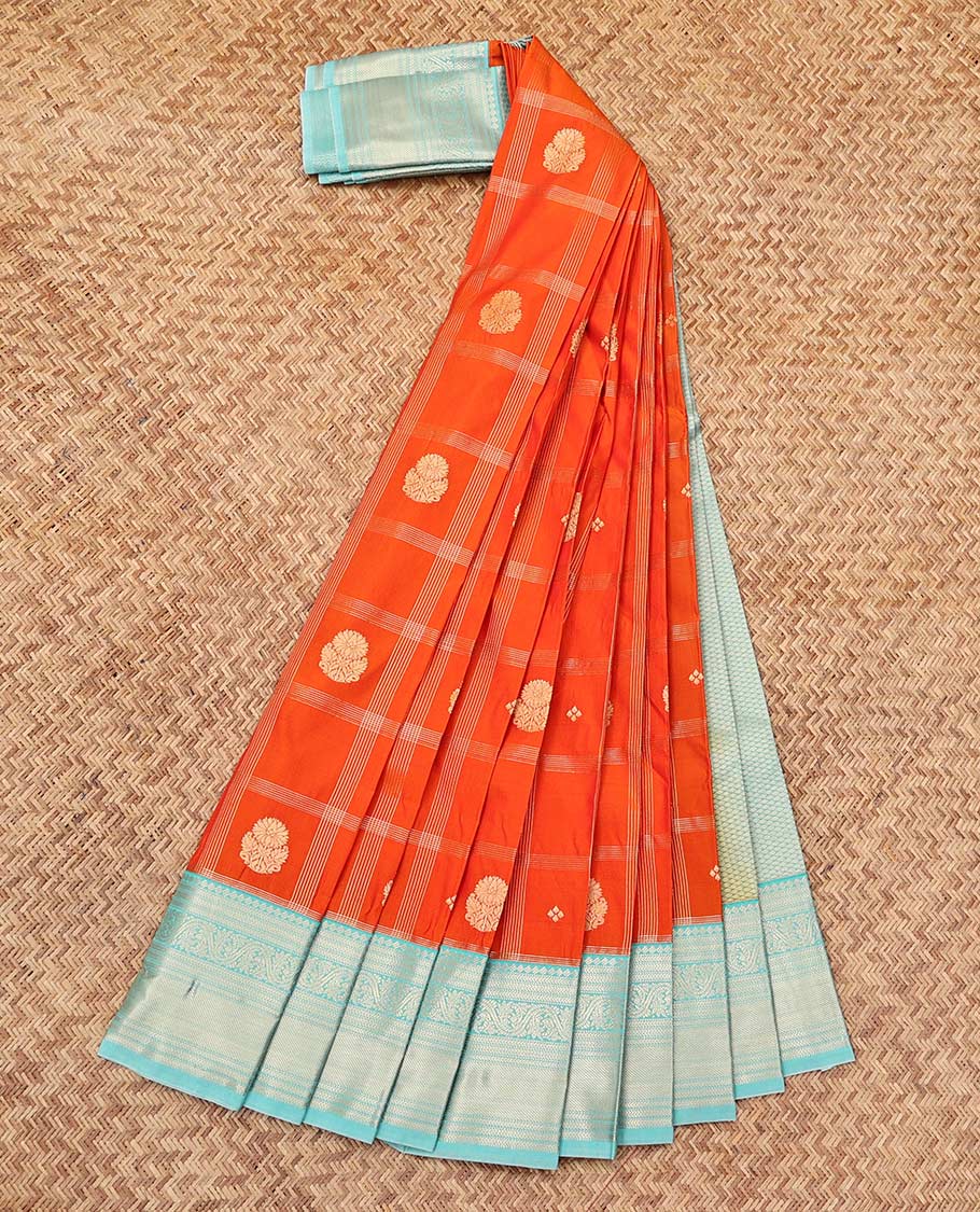 Orange Budget Silk Saree, Embellished with Zari Butta Enclosed Checks, a Contrast Traditional Zari Border, Grand Pallu, and a Contrast Blouse