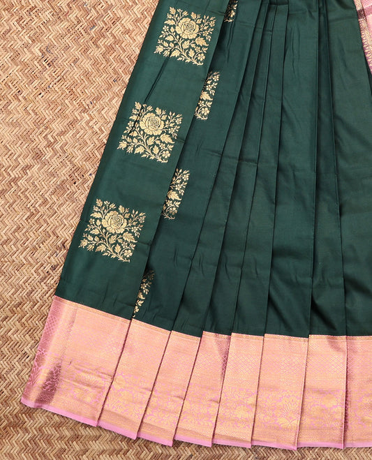 Green Budget Silk Saree, Accentuated with Zari Buttas, Complemented by Contrast Traditional Zari Border, a Grand Pallu and a Contrast Blouse