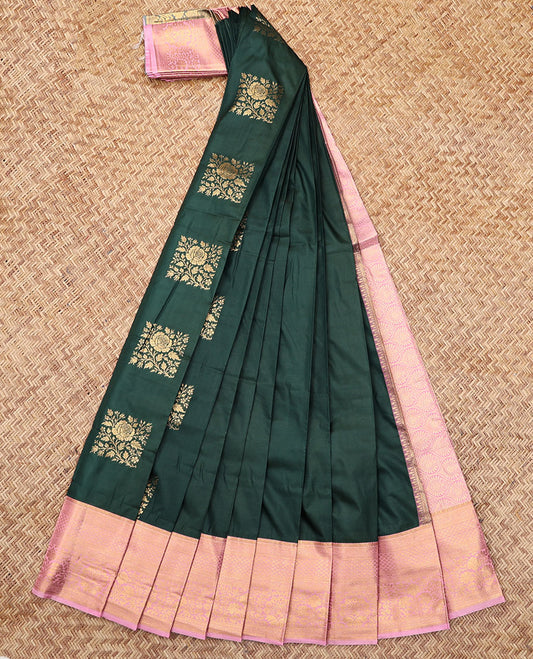 Green Budget Silk Saree, Accentuated with Zari Buttas, Complemented by Contrast Traditional Zari Border, a Grand Pallu and a Contrast Blouse