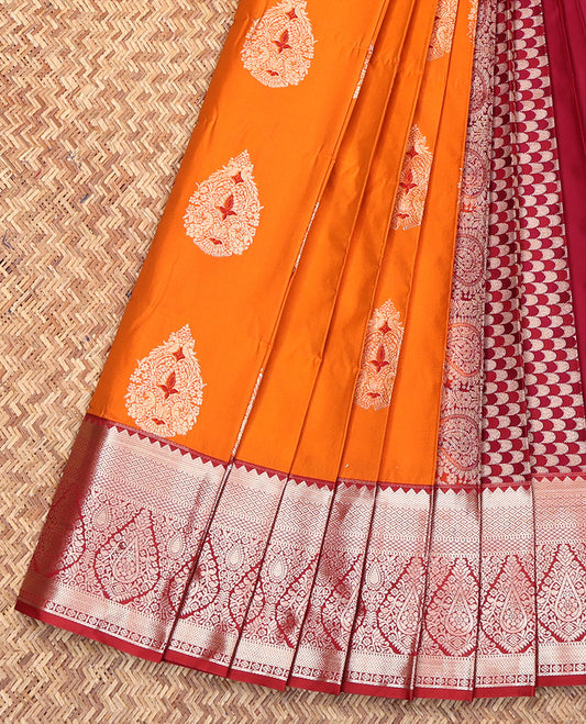 Orange Budget Silk Saree, Decorated with Zari Buttas on Its Body, Complemented by a Contrast Traditional Zari Design Border, Grand Scallop Design Pallu, and Paired with a Contrast Blouse