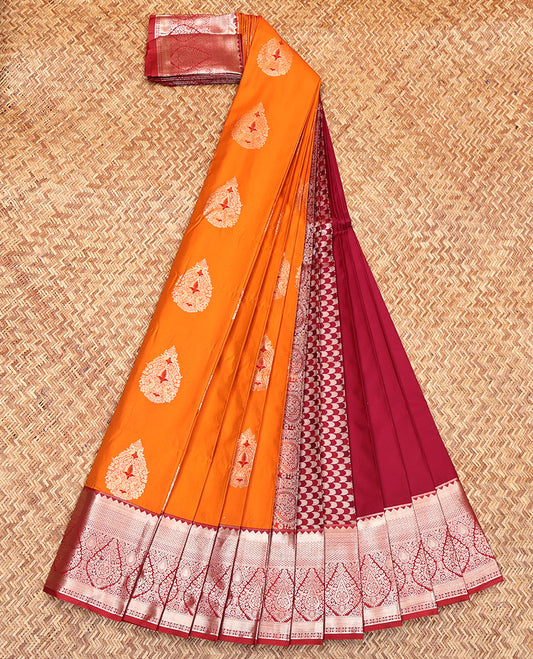 Orange Budget Silk Saree, Decorated with Zari Buttas on Its Body, Complemented by a Contrast Traditional Zari Design Border, Grand Scallop Design Pallu, and Paired with a Contrast Blouse