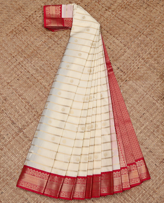 Cream Budget Silk Saree, Delicately Woven with Zari Buttas and Zari Stripes All Over Its Body, Complemented by a Contrast Traditional Zari Design Border, Grand Jaal Pallu, and Paired with a Contrast Blouse