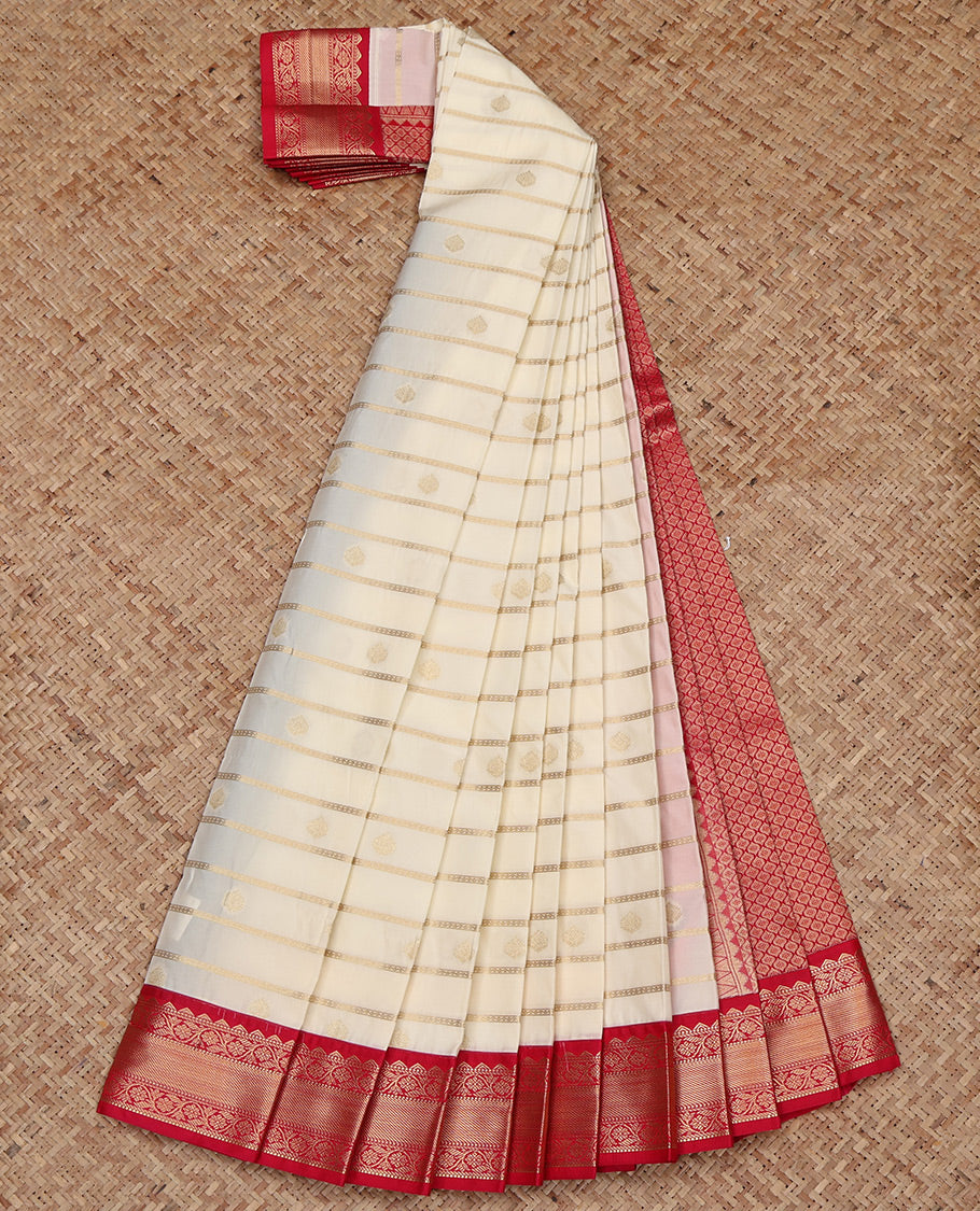 Cream Budget Silk Saree, Delicately Woven with Zari Buttas and Zari Stripes All Over Its Body, Complemented by a Contrast Traditional Zari Design Border, Grand Jaal Pallu, and Paired with a Contrast Blouse