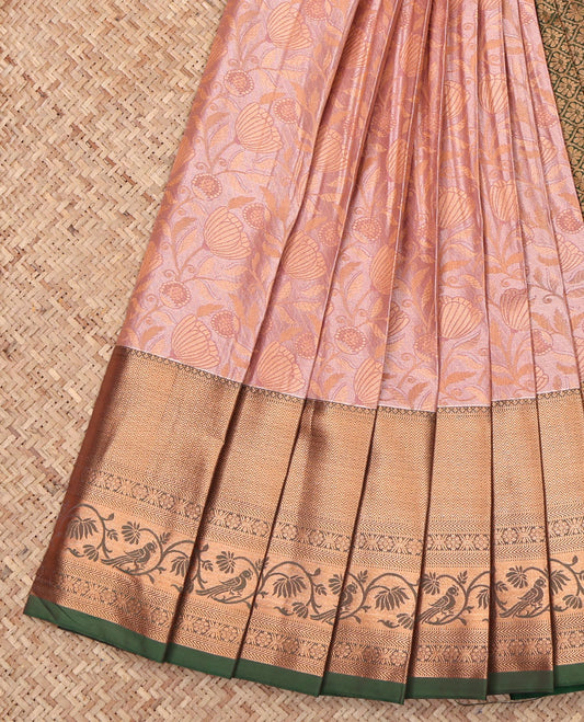 Pale Pink Budget Silk Saree, Enthralled with Jacquard Design, Complemented by a Contrast Traditional Zari Border, Jaal Pallu, and Contrast Blouse