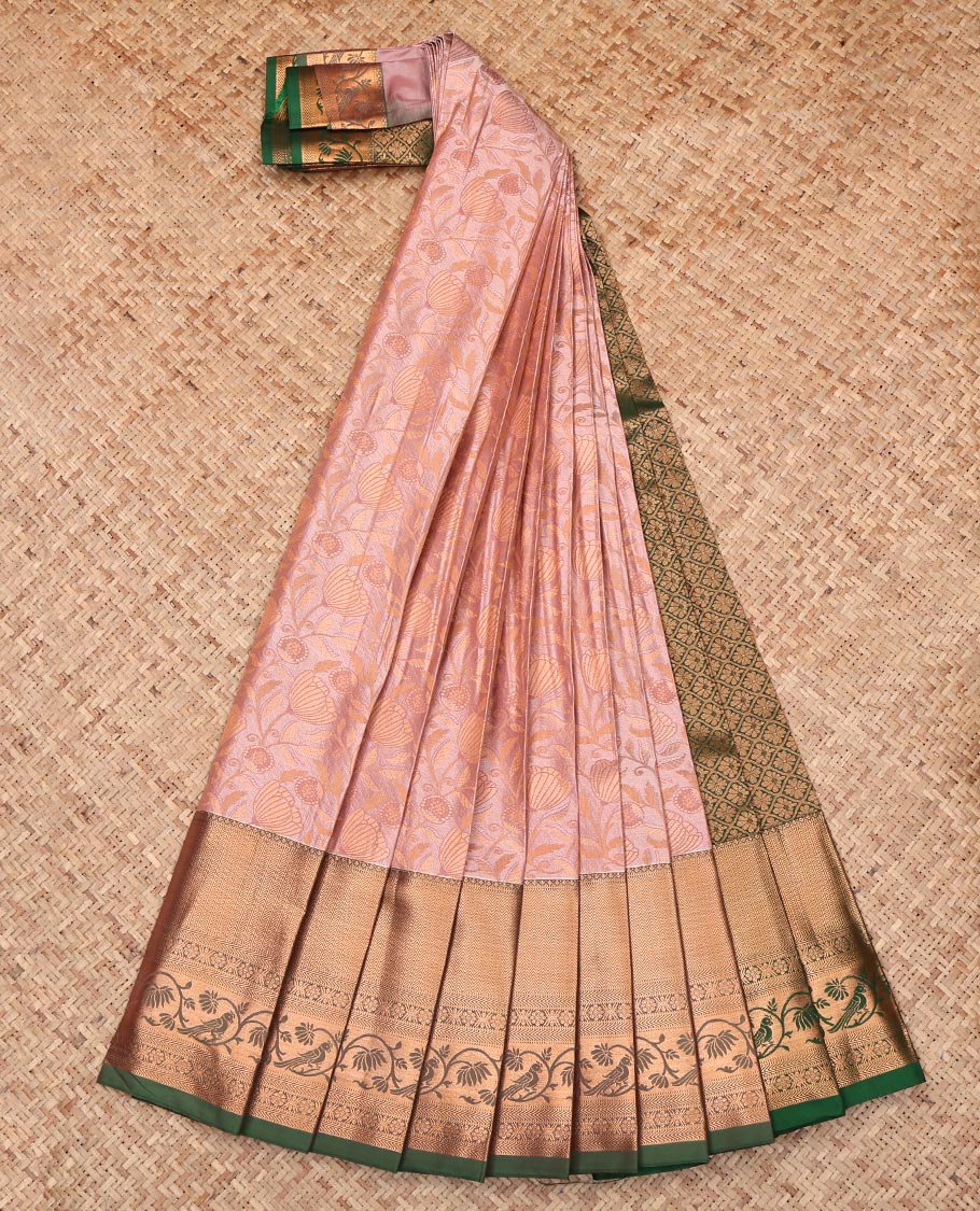 Pale Pink Budget Silk Saree, Enthralled with Jacquard Design, Complemented by a Contrast Traditional Zari Border, Jaal Pallu, and Contrast Blouse