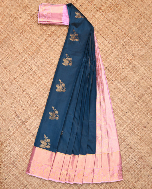Blue Budget Silk Saree, Gleamed Up with Zari Buttas, Complemented by a Contrast Traditional Border, Jaal Pallu, and a Contrast Blouse