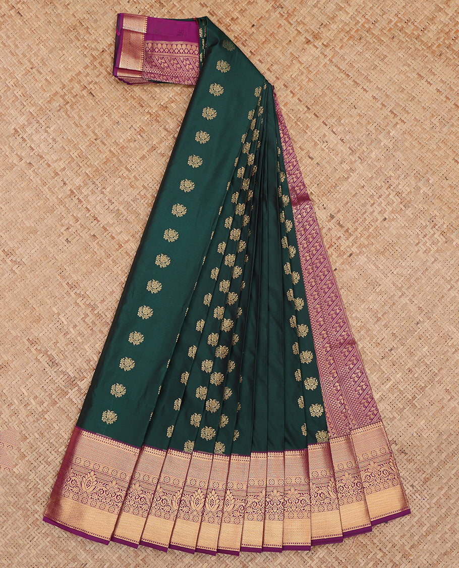 Green Budget Silk Saree, Delicately Woven with Zari Buttas, Complemented by a Contrast Traditional Zari Border, Grand Pallu, and a Contrast Blouse