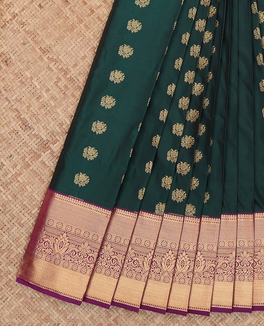 Green Budget Silk Saree, Delicately Woven with Zari Buttas, Complemented by a Contrast Traditional Zari Border, Grand Pallu, and a Contrast Blouse
