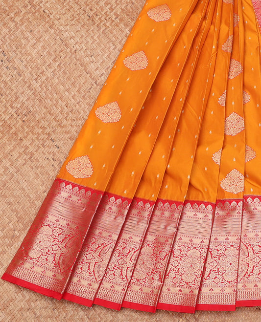 Orange Budget Silk Saree, Gleamed Up with Zari Buttas, Complemented by a Contrast Traditional Zari Border, Grand Pallu, and a Contrast Blouse