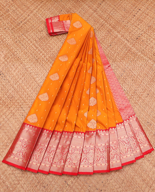 Orange Budget Silk Saree, Gleamed Up with Zari Buttas, Complemented by a Contrast Traditional Zari Border, Grand Pallu, and a Contrast Blouse