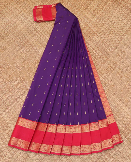 Violet Budget Silk Saree, Elevated with Zari Buttas, Complemented by Contrast Traditional Rettai Pettu Zari Border, a Grand Pallu and a Contrast Blouse