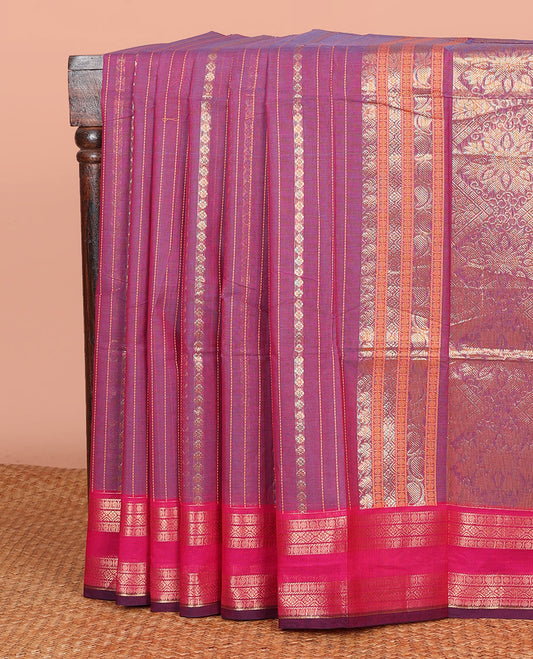 Purple Chettinad Cotton Saree Delicately Woven with Traditional Zari Designs, Complemented by Contrast Traditional Zari Rettai Pettu Woven Border, Pallu of Jaal Designs, and Paired with a Matching Blouse