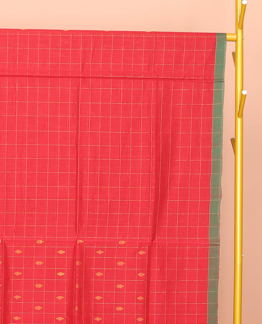 Red Venkatagiri Cotton Saree Features Buttas and Checks, a Contrast Traditional Zari Border, Pallu of Stripes, and No Blouse